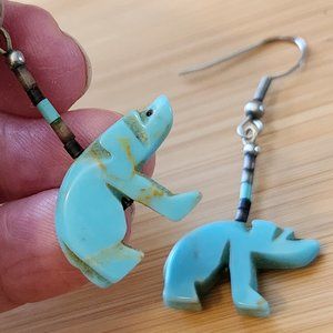 Carved Turquoise Bear Drop Earrings
